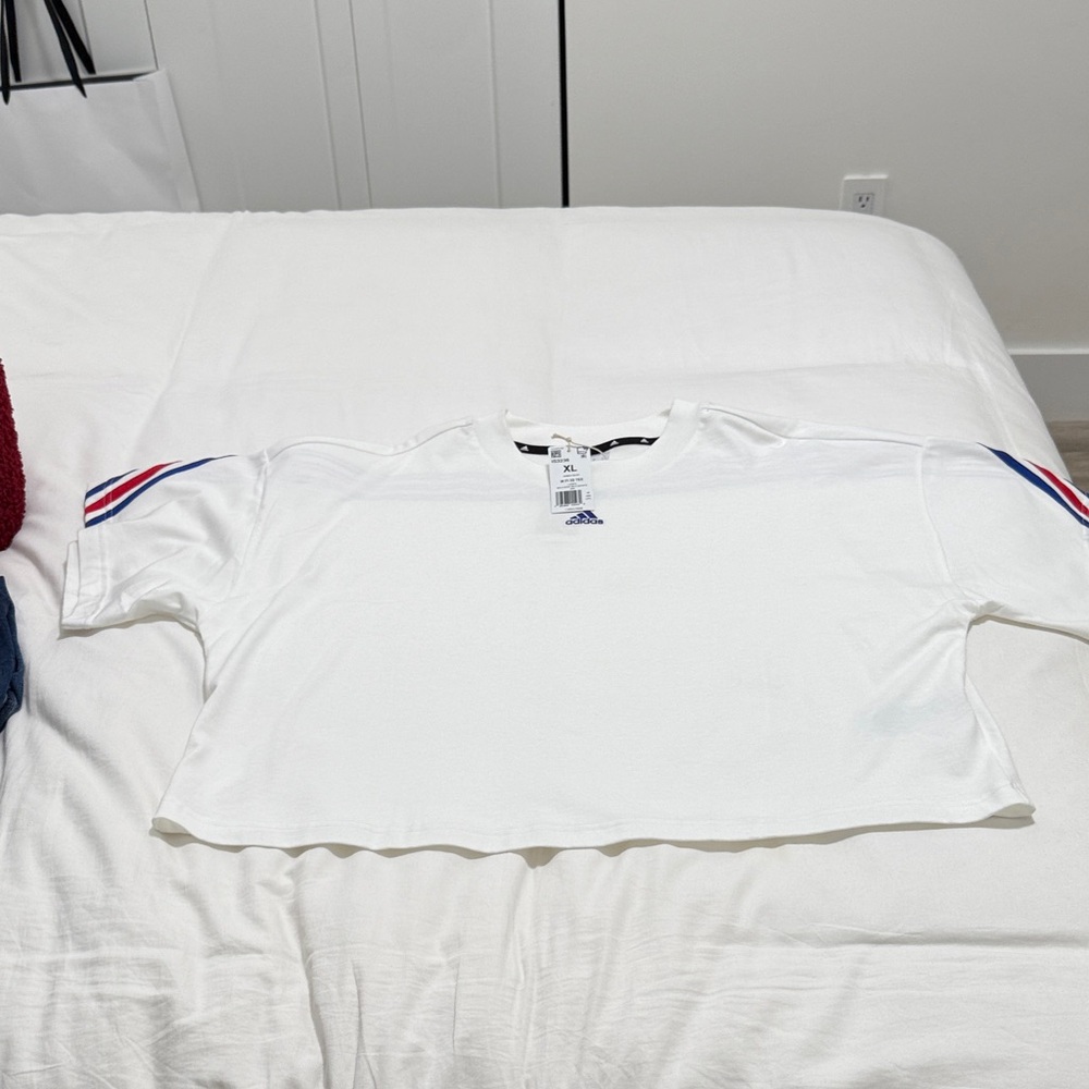Adidas Women’s White Cropped Tee with Red and Blue Stripes